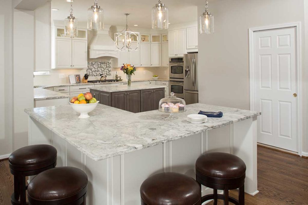 Open kitchen remodel with large island and bar stools in Northern Virginia